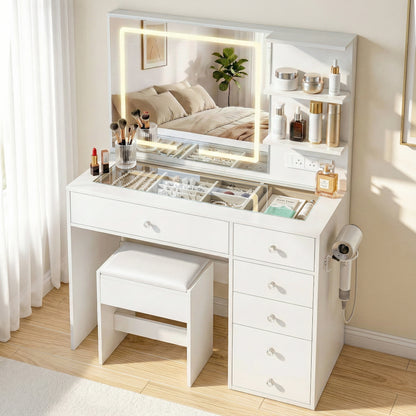 Artiss Dressing Table LED Vanity DesArtiss Dressing Table LED Vanity Desk Set with Stool – Whitek Set Stool White