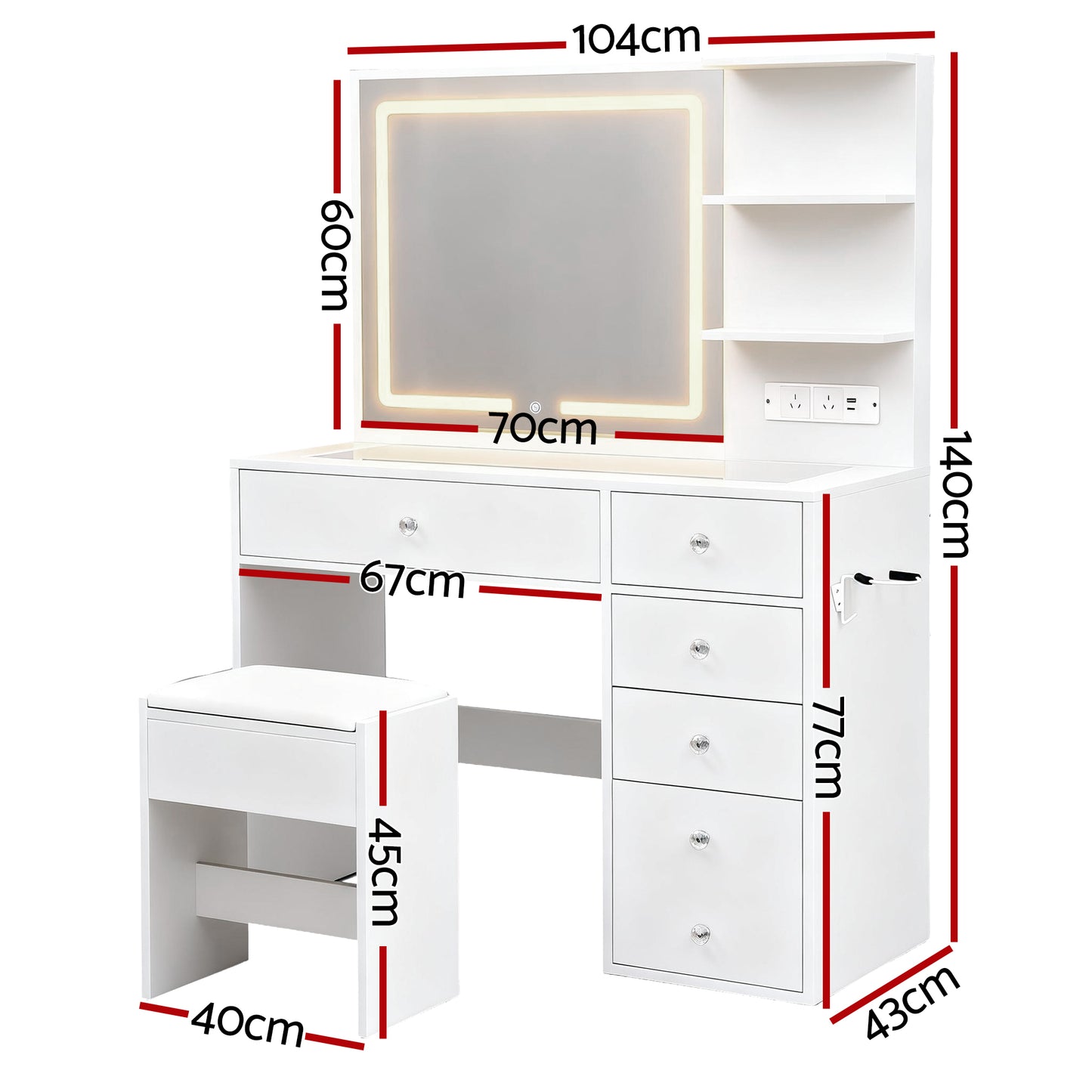 Artiss Dressing Table LED Vanity DesArtiss Dressing Table LED Vanity Desk Set with Stool – Whitek Set Stool White