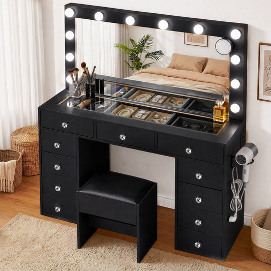 Artiss Dressing Table Charging Station LED Vanity Desk Set – Black