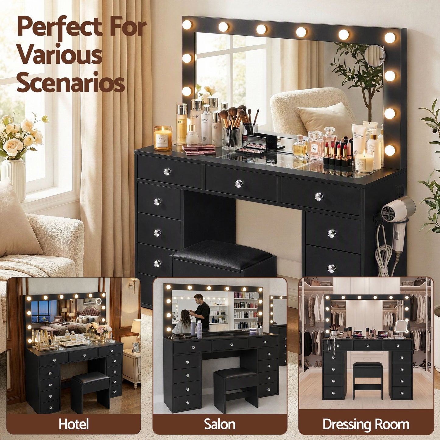 Artiss Dressing Table Charging Station LED Vanity Desk Set – Black