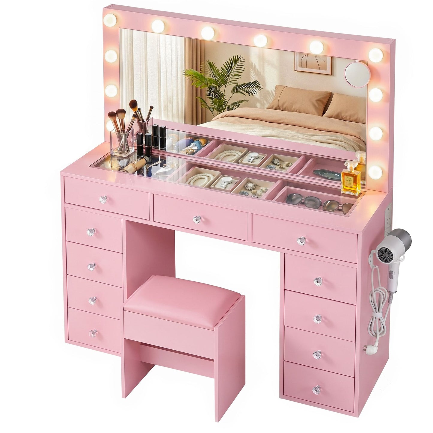 Artiss Dressing Table Charging Station LED Vanity Desk Set – Pink
