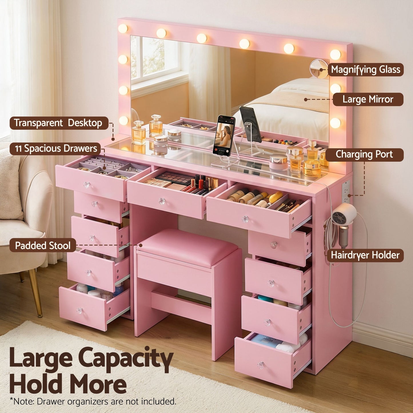 Artiss Dressing Table Charging Station LED Vanity Desk Set – Pink