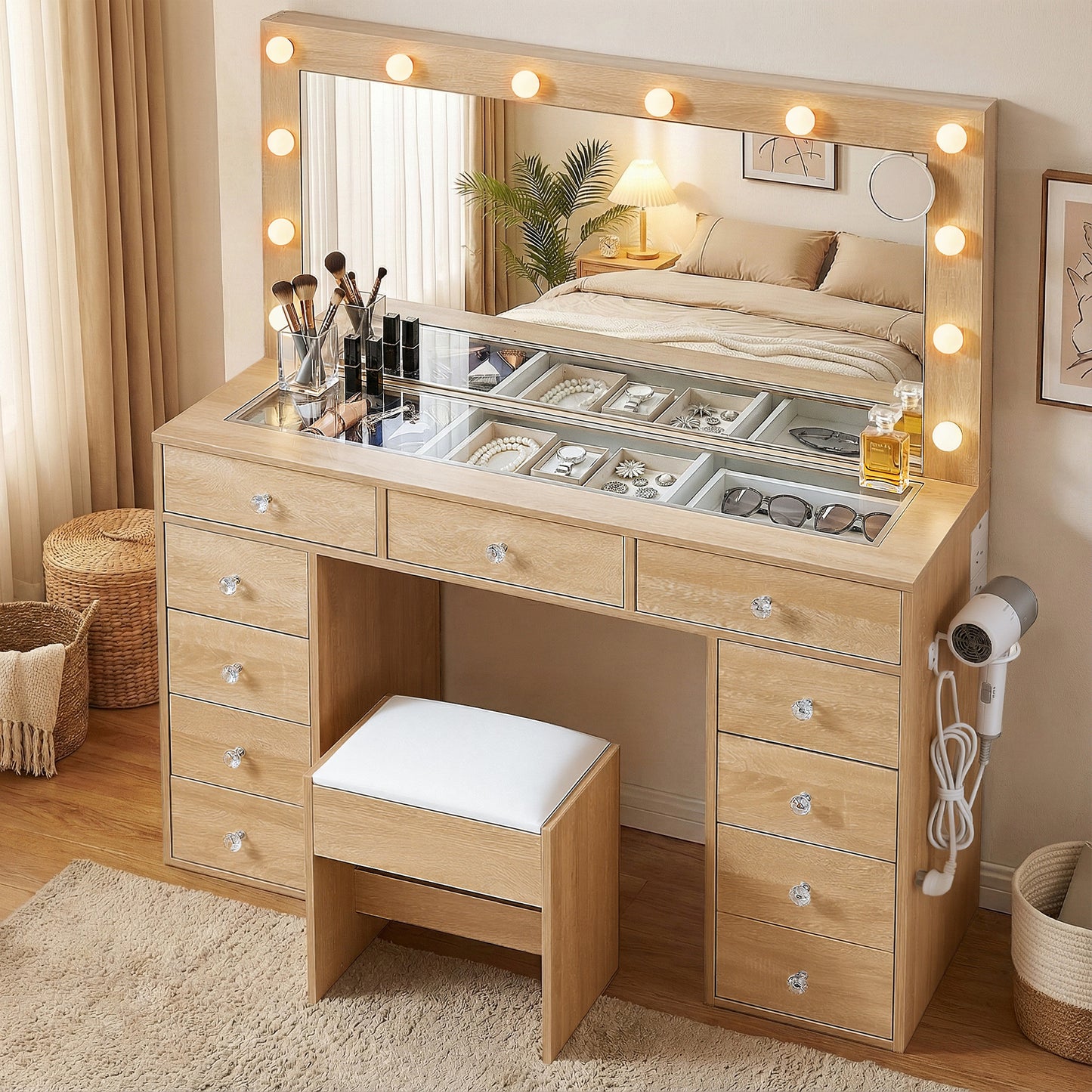 Artiss Dressing Table Vanity Desk Set with Stool & LED Bulbs – Wood