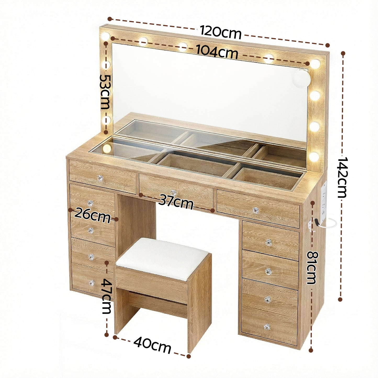Artiss Dressing Table Vanity Desk Set with Stool & LED Bulbs – Wood