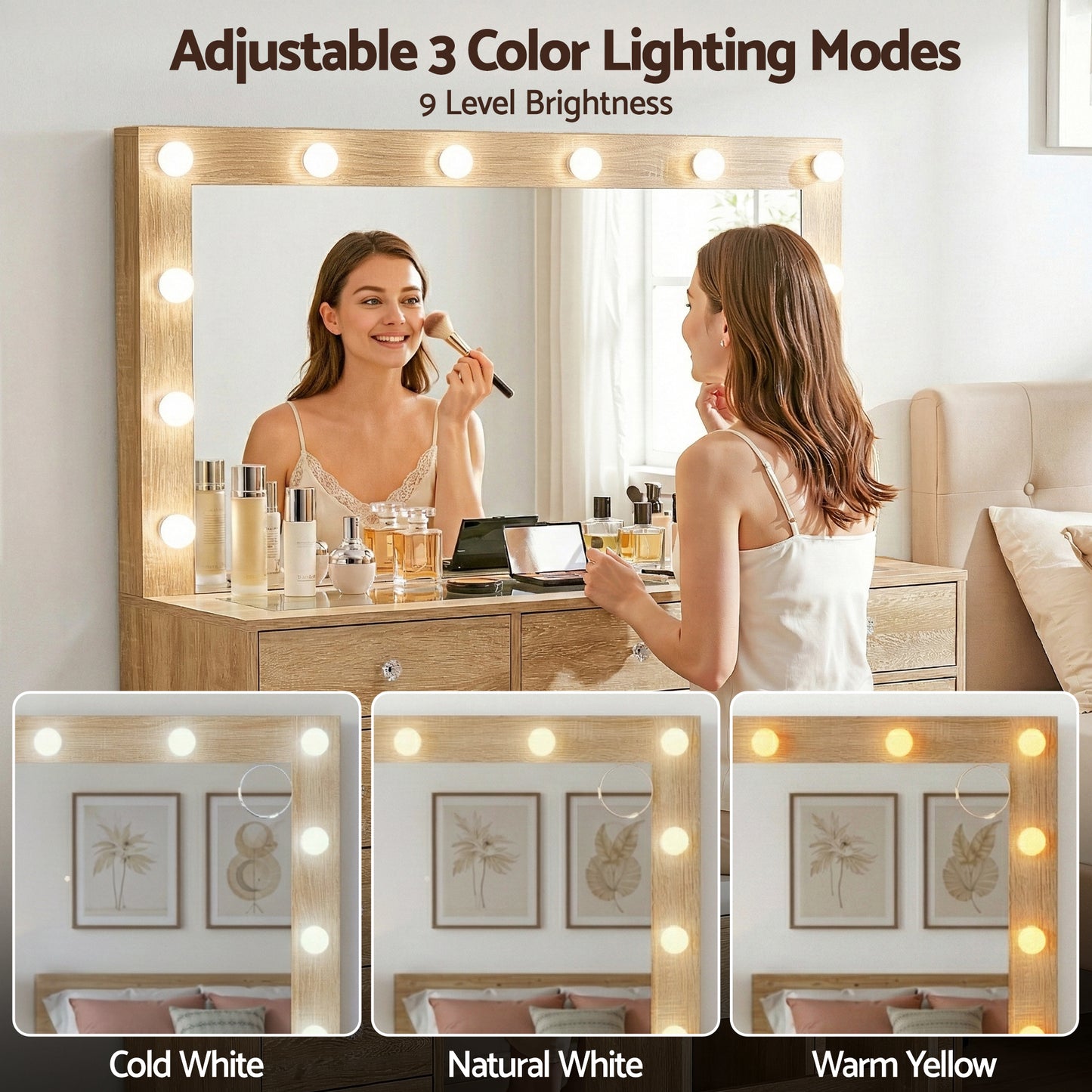 Artiss Dressing Table Vanity Desk Set with Stool & LED Bulbs – Wood