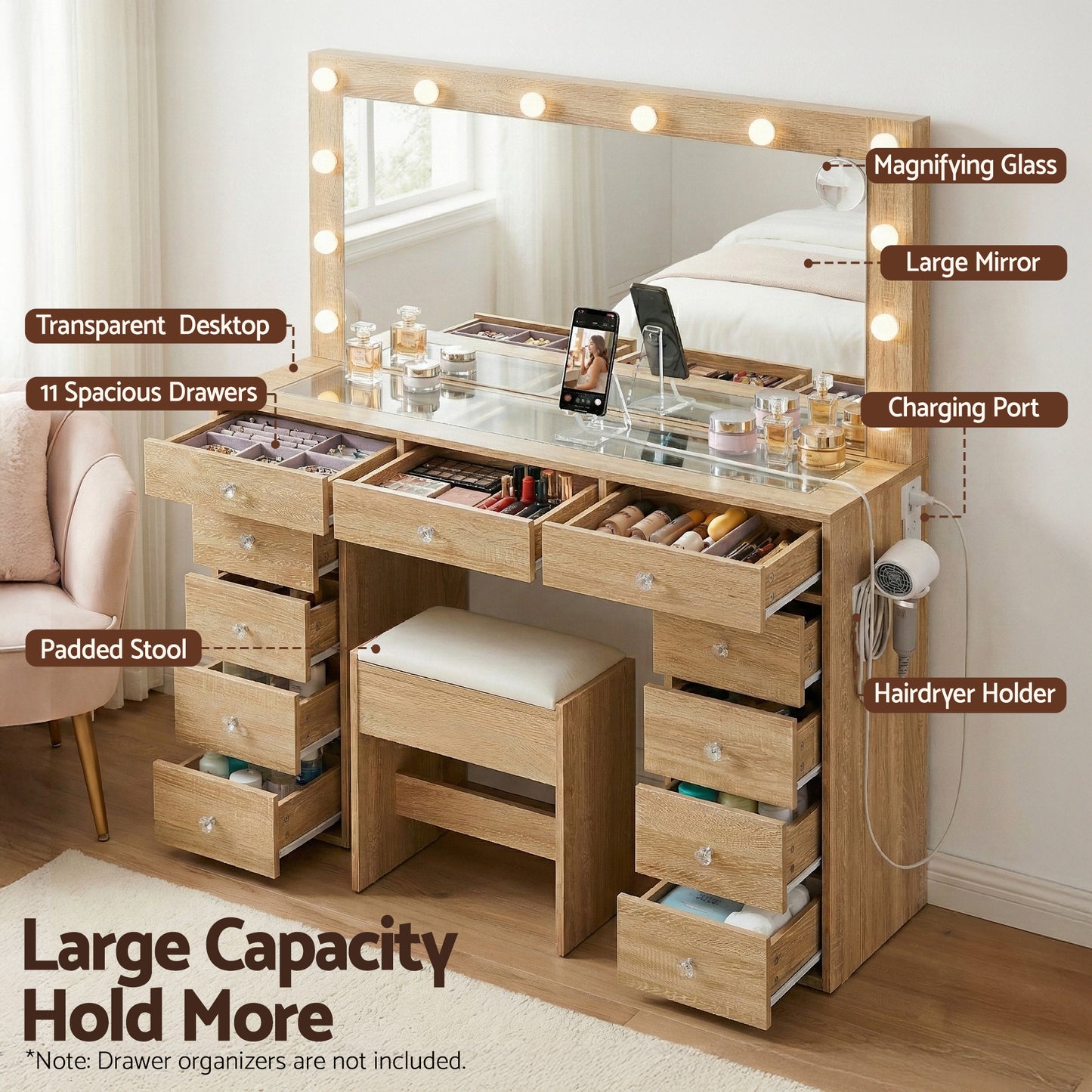 Artiss Dressing Table Vanity Desk Set with Stool & LED Bulbs – Wood