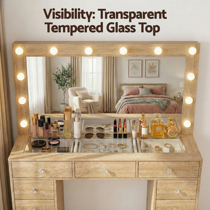 Artiss Dressing Table Vanity Desk Set with Stool & LED Bulbs – Wood