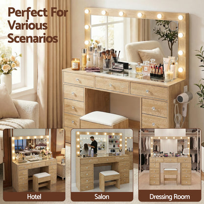 Artiss Dressing Table Vanity Desk Set with Stool & LED Bulbs – Wood
