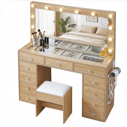 Artiss Dressing Table Vanity Desk Set with Stool & LED Bulbs – Wood