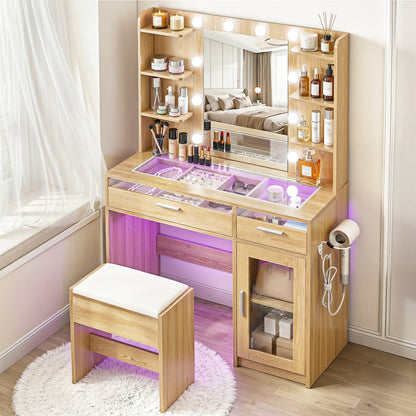 Artiss Dressing Table Vanity Desk Set – 10 LED Bulbs, RGB Lighting & Stool – Wood