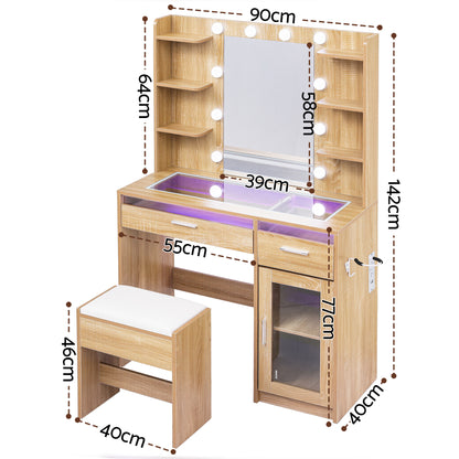 Artiss Dressing Table Vanity Desk Set – 10 LED Bulbs, RGB Lighting & Stool – Wood