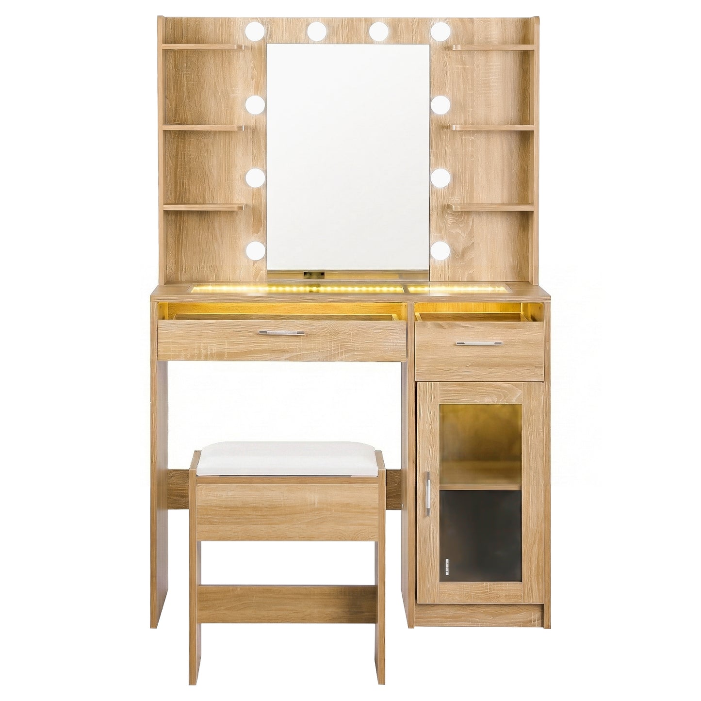 Artiss Dressing Table Vanity Desk Set – 10 LED Bulbs, RGB Lighting & Stool – Wood