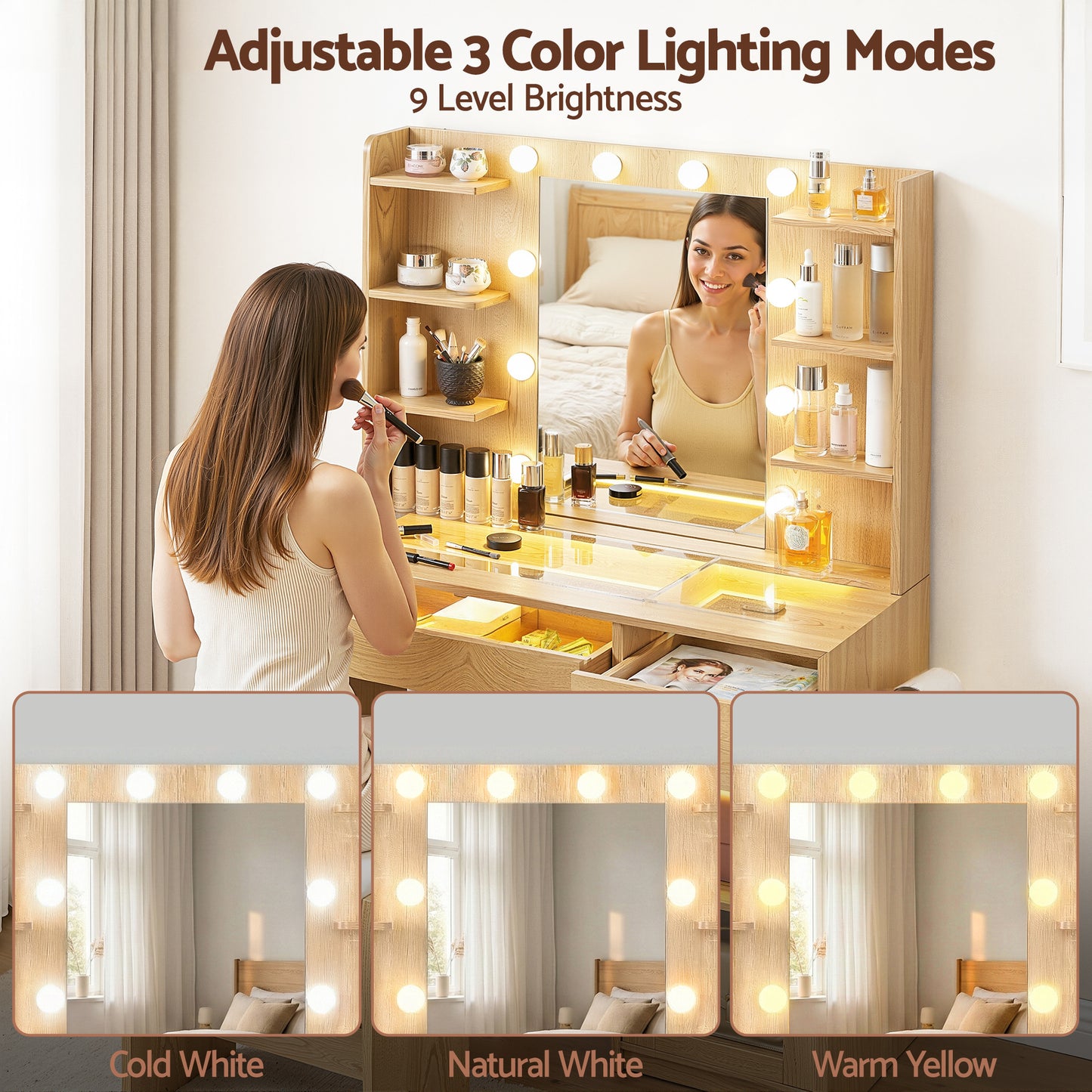 Artiss Dressing Table Vanity Desk Set – 10 LED Bulbs, RGB Lighting & Stool – Wood