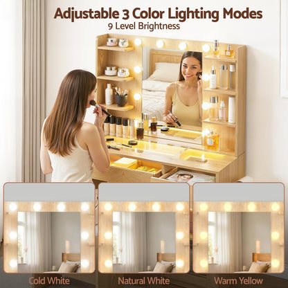 Artiss Dressing Table Vanity Desk Set – 10 LED Bulbs, RGB Lighting & Stool – Wood