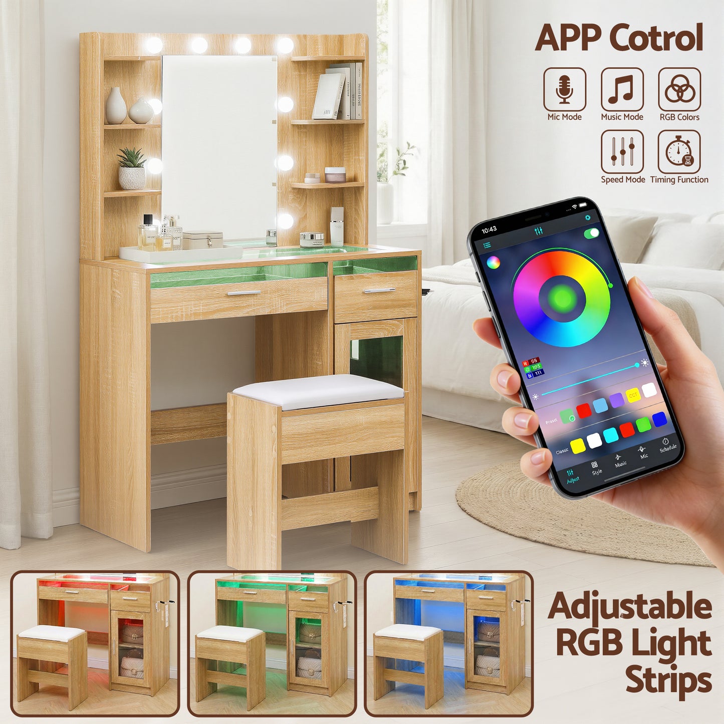 Artiss Dressing Table Vanity Desk Set – 10 LED Bulbs, RGB Lighting & Stool – Wood