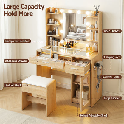 Artiss Dressing Table Vanity Desk Set – 10 LED Bulbs, RGB Lighting & Stool – Wood