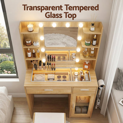 Artiss Dressing Table Vanity Desk Set – 10 LED Bulbs, RGB Lighting & Stool – Wood