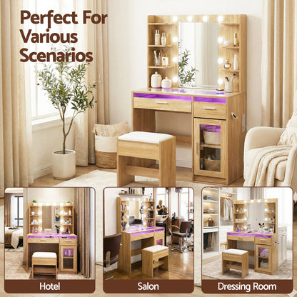 Artiss Dressing Table Vanity Desk Set – 10 LED Bulbs, RGB Lighting & Stool – Wood