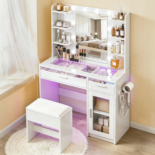 Artiss Dressing Table Vanity Desk Set with 10 LED Bulbs & RGB Lighting – White