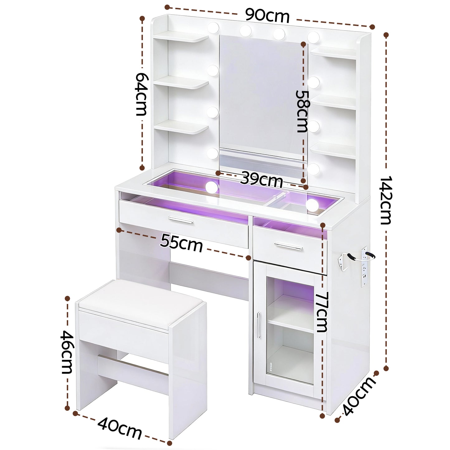 Artiss Dressing Table Vanity Desk Set with 10 LED Bulbs & RGB Lighting – White