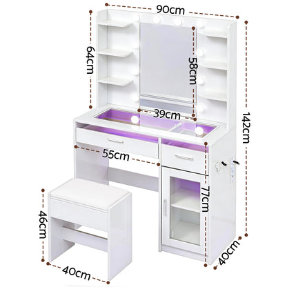 Artiss Dressing Table Vanity Desk Set with 10 LED Bulbs & RGB Lighting – White