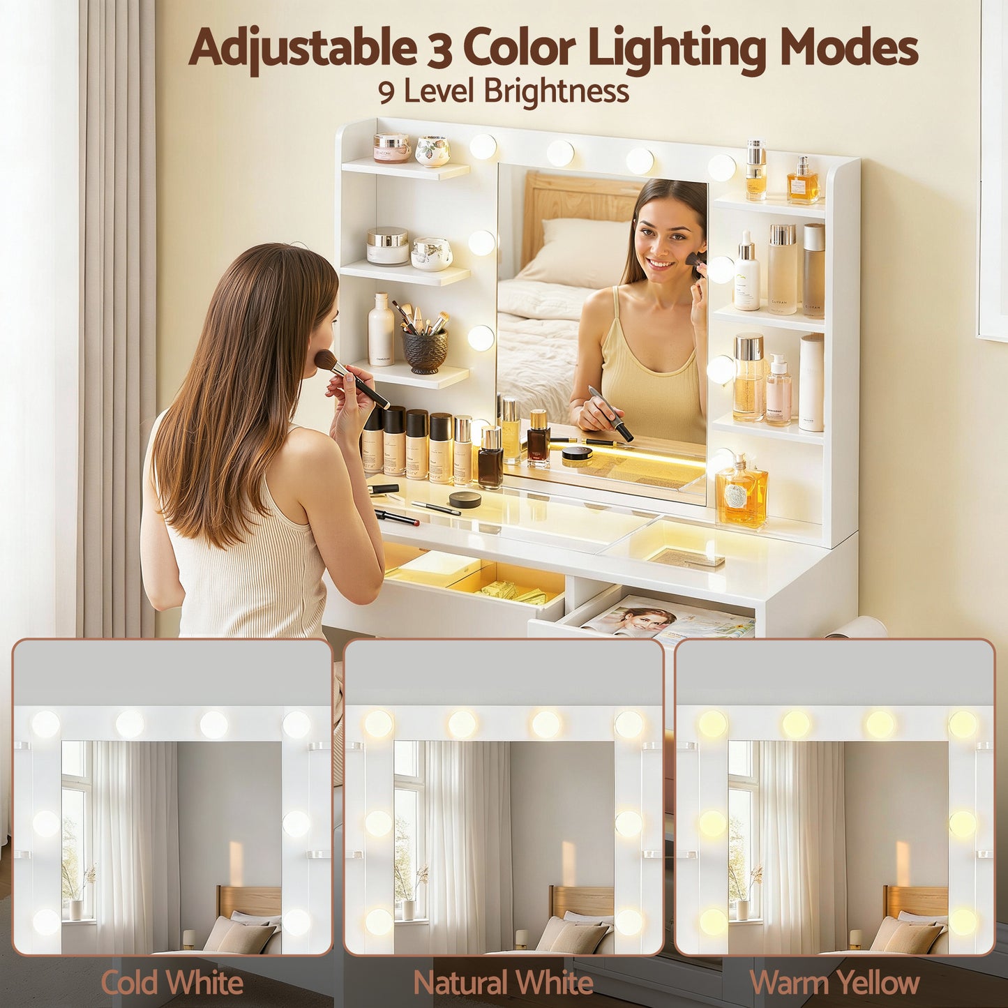 Artiss Dressing Table Vanity Desk Set with 10 LED Bulbs & RGB Lighting – White