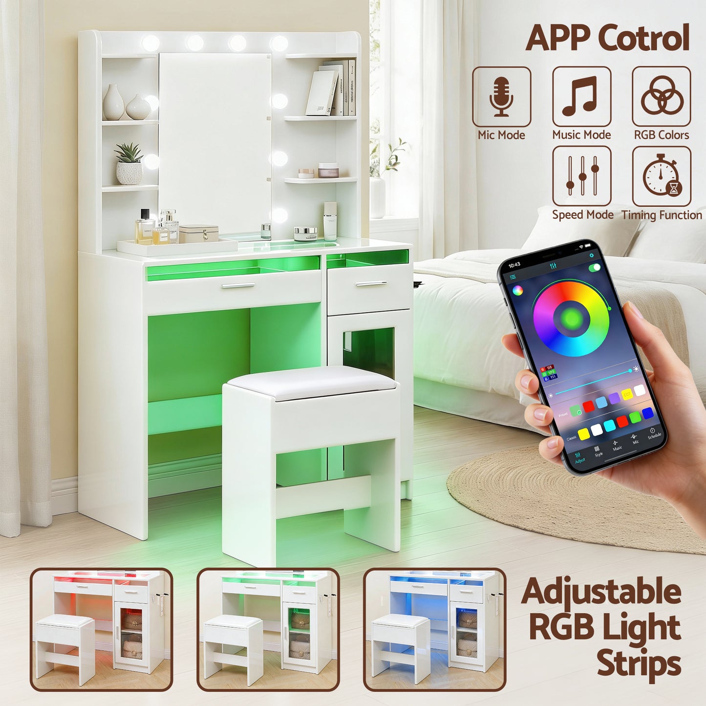 Artiss Dressing Table Vanity Desk Set with 10 LED Bulbs & RGB Lighting – White