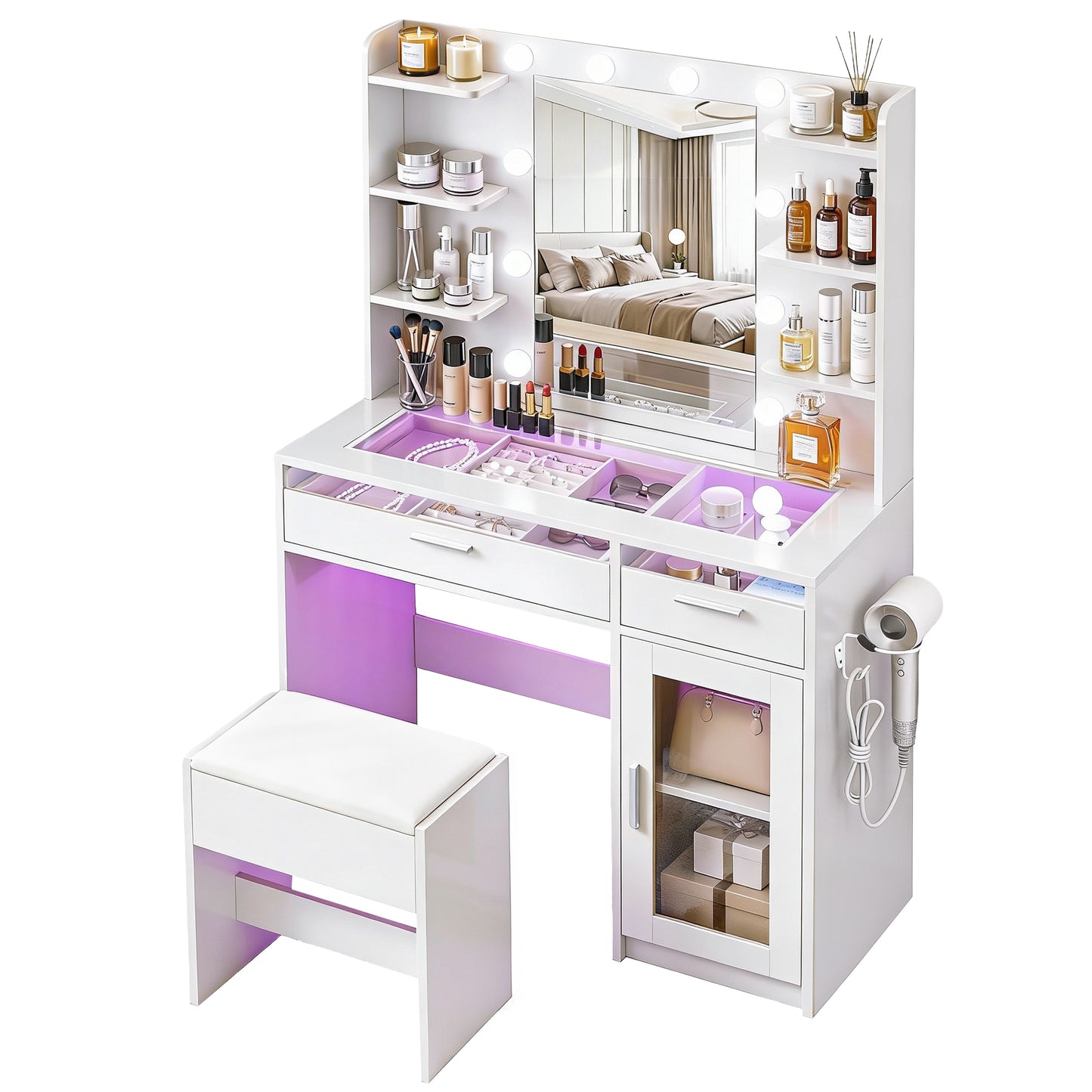 Artiss Dressing Table Vanity Desk Set with 10 LED Bulbs & RGB Lighting – White