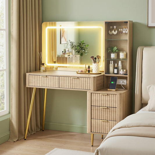 Artiss Dressing Table LED Vanity Desk with Charging Station – Wood