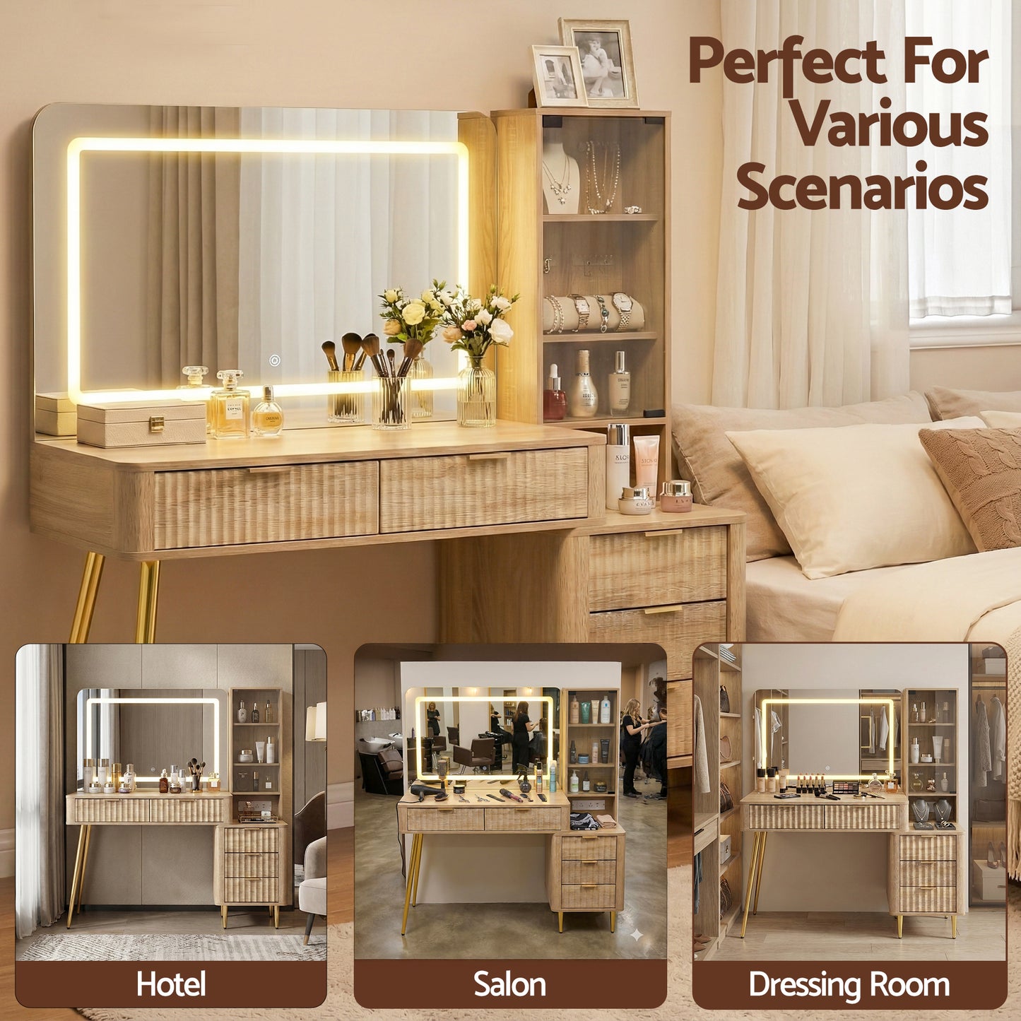 Artiss Dressing Table LED Vanity Desk with Charging Station – Wood