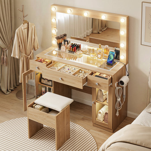 Artiss Dressing Table Vanity Desk Set with LED Bulbs, RGB Lighting & Stool – Wood