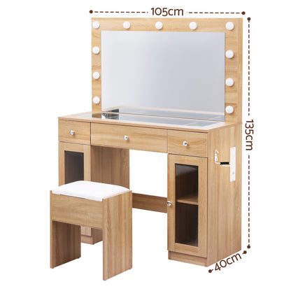 Artiss Dressing Table Vanity Desk Set with LED Bulbs, RGB Lighting & Stool – Wood