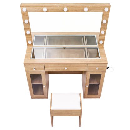 Artiss Dressing Table Vanity Desk Set with LED Bulbs, RGB Lighting & Stool – Wood