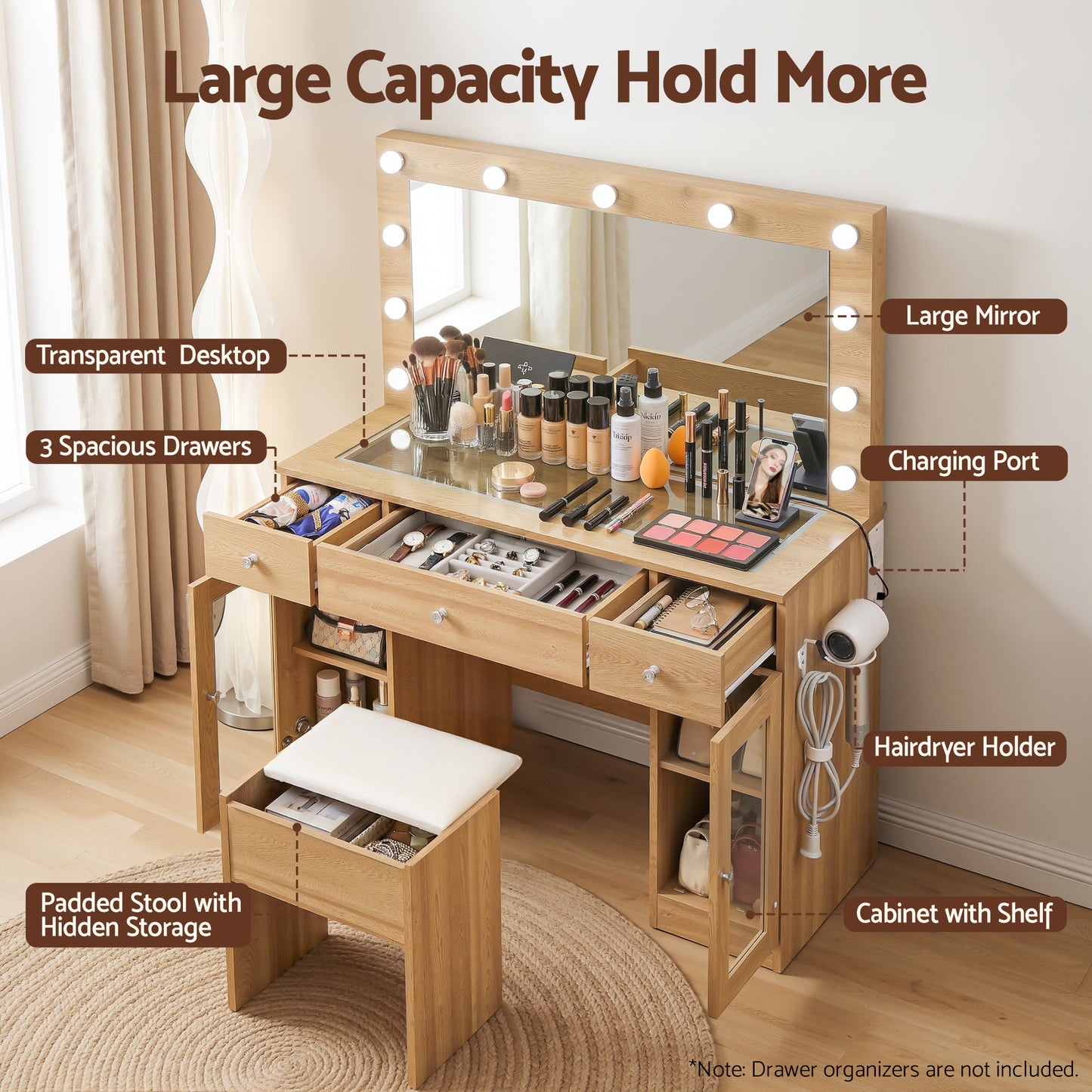 Artiss Dressing Table Vanity Desk Set with LED Bulbs, RGB Lighting & Stool – Wood