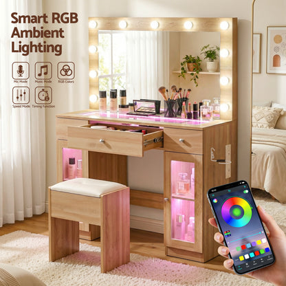Artiss Dressing Table Vanity Desk Set with LED Bulbs, RGB Lighting & Stool – Wood