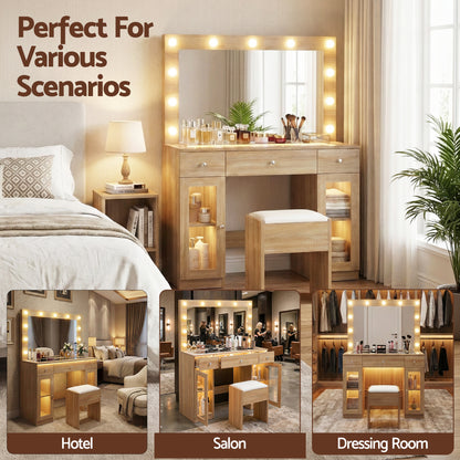 Artiss Dressing Table Vanity Desk Set with LED Bulbs, RGB Lighting & Stool – Wood