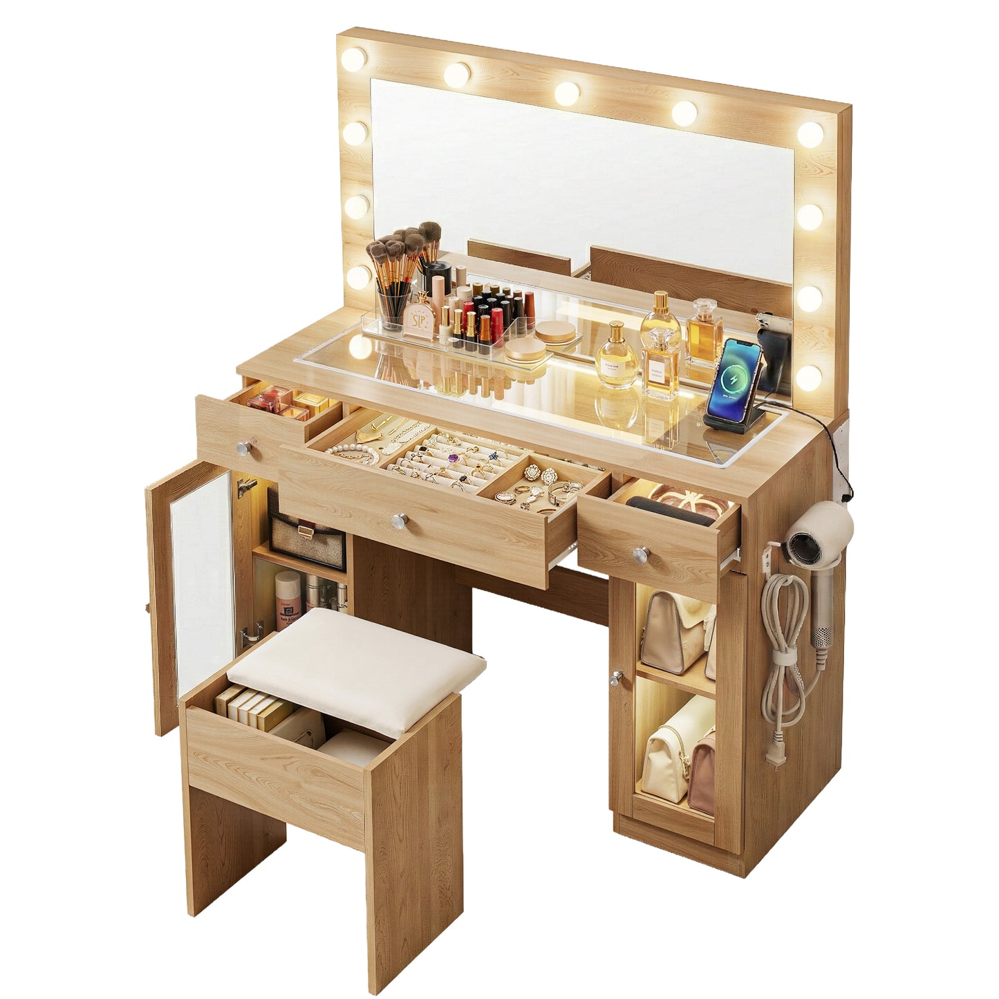 Artiss Dressing Table Vanity Desk Set with LED Bulbs, RGB Lighting & Stool – Wood