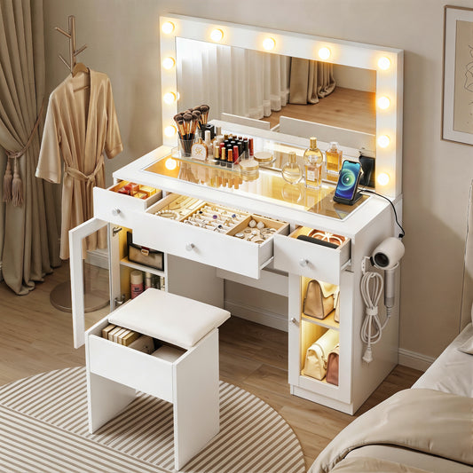 Artiss Dressing Table Vanity Desk Set – 11 LED Bulbs, RGB Lighting & Stool – White