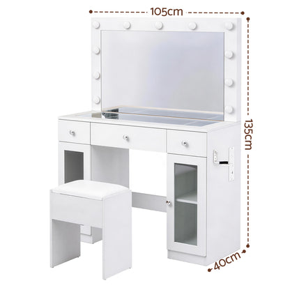 Artiss Dressing Table Vanity Desk Set – 11 LED Bulbs, RGB Lighting & Stool – White