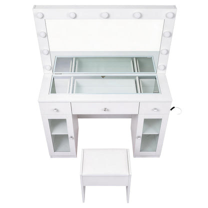 Artiss Dressing Table Vanity Desk Set – 11 LED Bulbs, RGB Lighting & Stool – White