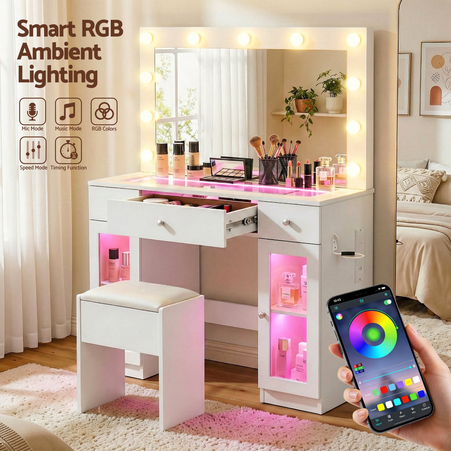 Artiss Dressing Table Vanity Desk Set – 11 LED Bulbs, RGB Lighting & Stool – White