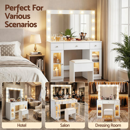 Artiss Dressing Table Vanity Desk Set – 11 LED Bulbs, RGB Lighting & Stool – White