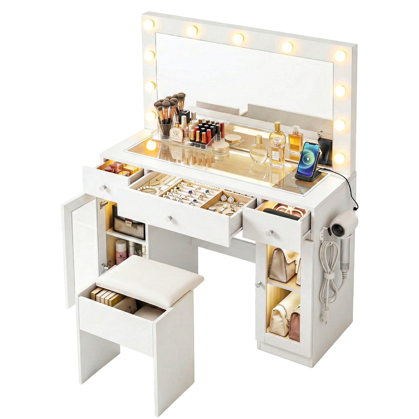 Artiss Dressing Table Vanity Desk Set – 11 LED Bulbs, RGB Lighting & Stool – White