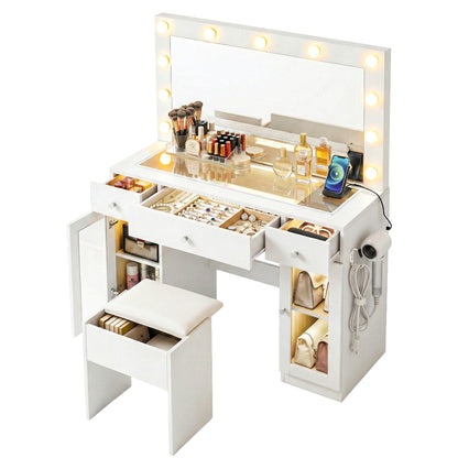 Artiss Dressing Table Vanity Desk Set – 11 LED Bulbs, RGB Lighting & Stool – White
