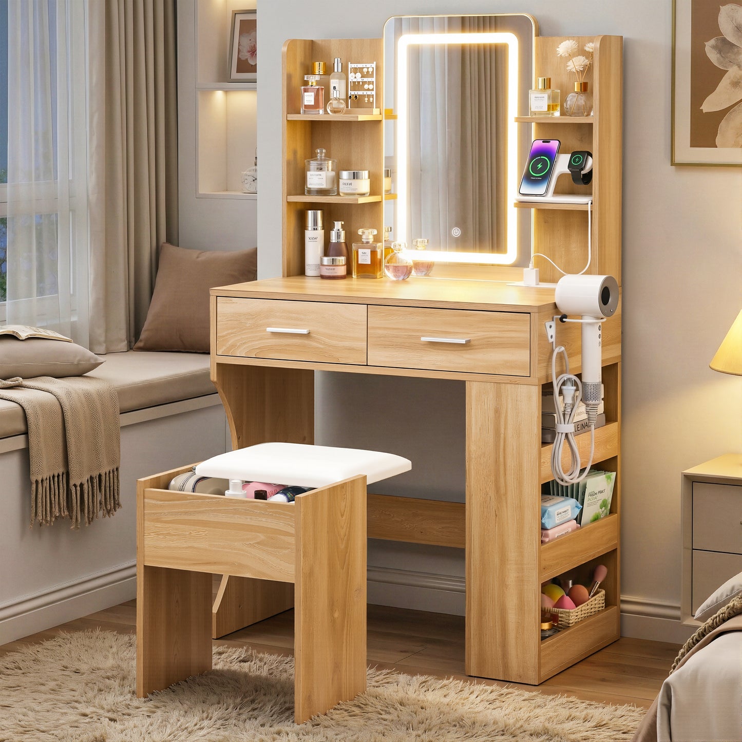Artiss Dressing Table LED Vanity Desk Set with Stool – Wood