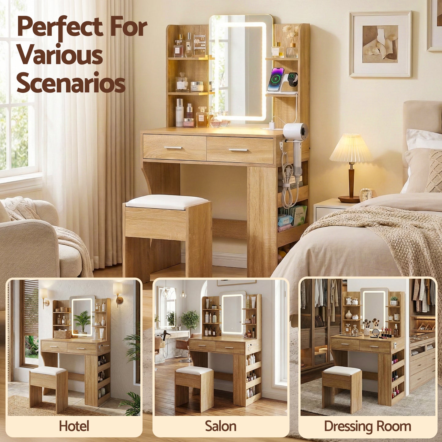 Artiss Dressing Table LED Vanity Desk Set with Stool – Wood