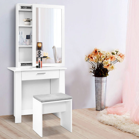 Artiss Dressing Table Stool Set with Sliding Mirror – White Demi