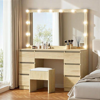 Artiss Dressing Table Vanity Desk Set with Stool – 12 LED Bulbs – Wood