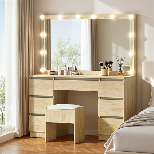 Artiss Dressing Table Vanity Desk Set with Stool – 12 LED Bulbs – Wood