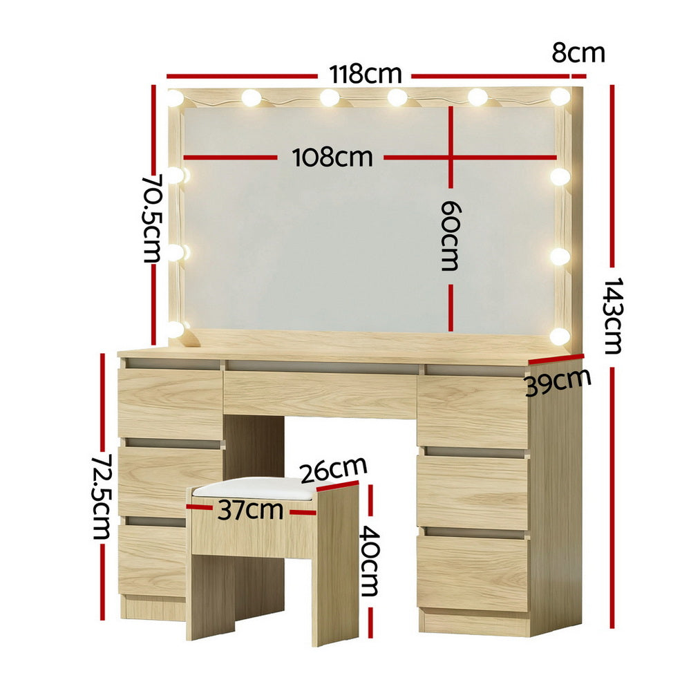 Artiss Dressing Table Vanity Desk Set with Stool – 12 LED Bulbs – Wood